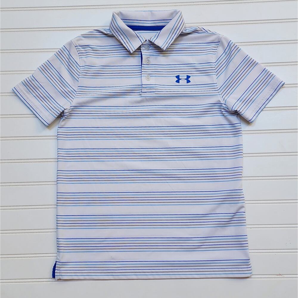 Under Armour Youth Heatgear Striped Athletic Polo Shirt Size YMD White & Blue